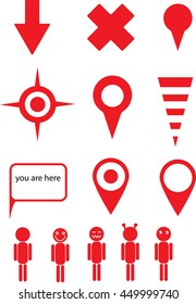 set of "you are here" signs, arrows and pins for map, red designators