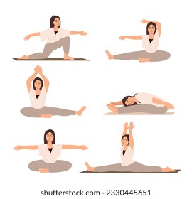 Set of youga poses for women.Stretching,Flexible body,Realxing in Engage Yoga Practice Isolated on white background.Female Calmimg,Meditating,Practising Asana.Training Class.People Vector Illustration
