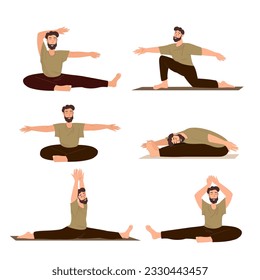 Set of youga and stretching poses.Male Character do Sport and Stretching,Realxing in Engage Yoga Practice Isolated,white background.Man Calmimg,Practising Meditation.Training Class.Vector Illustration