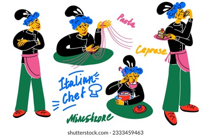 A set of young abstract bright Italian chef in different poses. Modern bright style. A young kitchen worker. The character is suitable for the juicy design of the menu of a pastry shop, cafe