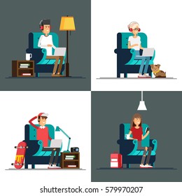 Set of young adult man and woman working at home vector concept illustration. Freelancer character working from home with laptop sitting in cozy armchair with a cup of hot tea or coffee. Home office. 