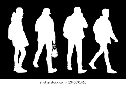 Set of young and adult men standing and walking. Monochrome vector illustration of silhouettes of men in different poses. Stencil. White silhouettes isolated on black background.