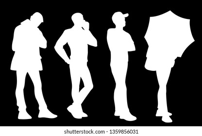 Set of young and adult men standing. Monochrome vector illustration of silhouettes of men in different poses. Stencil. White silhouettes isolated on black background. Front view.
