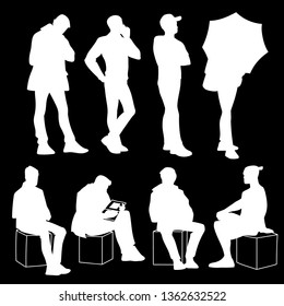 Set of young and adult men standing and sitting. Monochrome vector illustration of silhouettes of men in different poses. Stencil. White silhouettes isolated on black background. Front view.