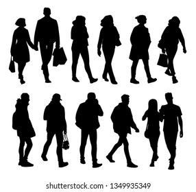 Set of young and adult men and women standing and walking. Monochrome vector illustration of silhouettes of people in different poses. Stencil. Black silhouettes isolated on white background.