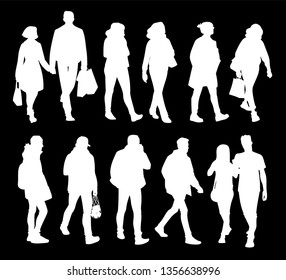 Set of young and adult men and women standing and walking. Monochrome vector illustration of silhouettes of people in different poses. Stencil. White silhouettes isolated on black background.