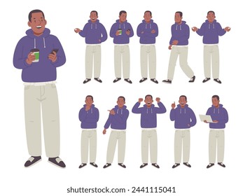 Set of young African American man character in different poses on white background. A happy dark-skinned guy thinks, walks, talks, rejoices. Vector illustration in flat style