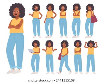 Conjunto de joven mujer afroamericana personaje sobre fondo blanco. Niña negra feliz en diferentes poses, pensando, caminando, señalando. Ilustración vectorial en estilo plano