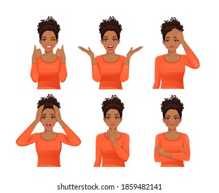 Set of young african woman with long hair. Facial expression with various gestures isolated vector illustration