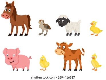 Set of young animals ,side view. Farm animals in cartoon style.