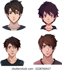 conjunto de diseño de ilustración vectorial de caracteres de estilo anime joven. Caricatura de un chico negro de ánime manga. diseño de ilustración vectorial de caracteres de estilo de anime facial de joven. Caricatura masculina de manga de anime