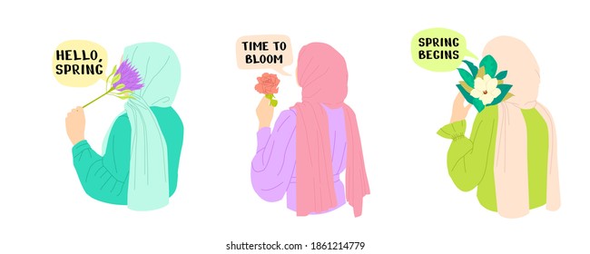 Set of Young Arabian Ladies Holding Flowers with Various Outfits Hand Drawn. Look from Behind. Rear View. Female Hijab with Various Spring Quotes Vector Illustration.