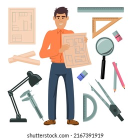 Set of Young Architect or engineer man with Architect equipment icon set in Cartoon character, vector illustration