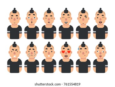 Set of young asian man's emotions.  Boy Avatar. Vector flat cartoon design of different facial expressions.