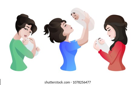Set of young asian mothers with baby in the hands.
