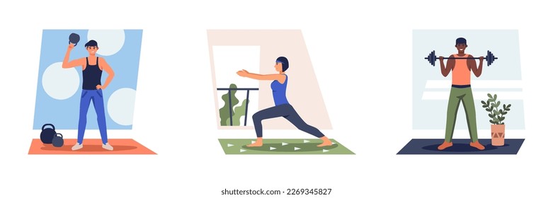 Set of young and athletic people doing sports at home. Workout time. Active and healthy lifestyle. Yoga and fitness. Training indoor. Weightloss process. Vector