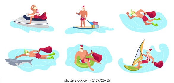 Set of Young athletic Santa Claus brings gifts to children all over the world concept. Christmas at the tropical sea resort.  Flat Art Vector illustration