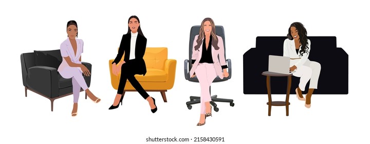 Set of young attractive business women sitting in a chair or sofa. Multiracial ladies boss, European, asian and African american beautiful girls in business outfit. Cartoon style vector illustrations.