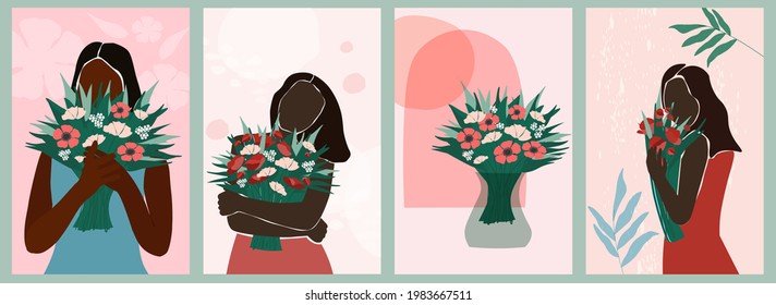 Set young attractive dark-skinned woman in a summer dress with a bouquet of flowers in her hand covers her face with them, flowers in a vase. Contemporary minimalistic abstract art portrait. Vector. 