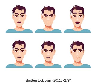 Set of young attractive man with different facial expressions. Vector illustration in cartoon style