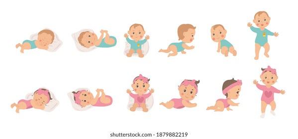 Set of young baby health and development icons for a boy and girl from newborn to sitting, crawling and finally waking, vector illustrations isolated on white background