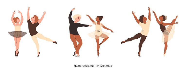 Eine Reihe junger Balletttänzer in Bewegung, die verschiedene Ballettposen präsentieren. Diese Vektorillustration repräsentiert die Vielfalt und Eleganz der Kinder im Tanz.