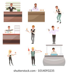 Set of young bartenders standing at the bar counter surrounded with bottles and glasses. Barmen mixing, pouring and serving alcohol drinks. Flat cartoon vector