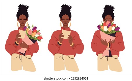 Set of young beautiful black women. African girl in fashionable clothes received flower delivery, reads romantic message. Love, birthday, romantic concept, Valentine's Day, Women's day. Vector