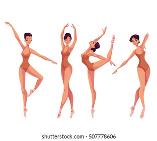 Set of young beautiful dancers in tights and ballet slippers, cartoon illustration isolated on white background. Young graceful ballet dancer wearing tights and ballet shoes, set of poses