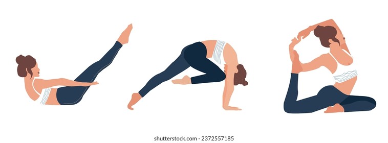 A set of a young beautiful girl doing exercises. In a flat style illustration . marine clothing store