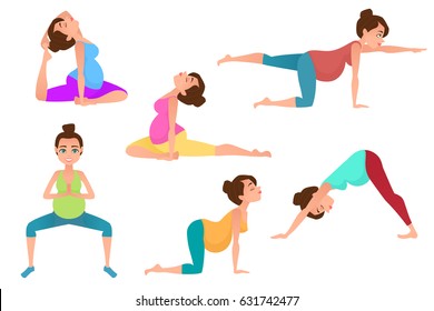 Set of young beautiful pregnancy woman character meditation while sitting yoga position. Fitness healthy lifestyle. Vector set of pregnant yoga poses. Vector illustration.