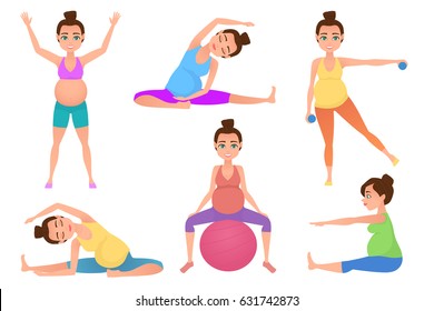 Set of young beautiful pregnancy woman character meditation while sitting yoga position. Fitness healthy lifestyle. Vector set of pregnant yoga poses. Vector illustration.