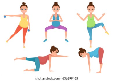 Set of young beautiful pregnancy woman character meditation while sitting yoga position. Fitness healthy lifestyle. Vector set of pregnant yoga poses. Vector illustration.