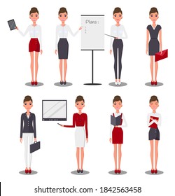 Set of young beautiful slim businesswoman in different suits, skirts, dreesses. Confident business girls give presentation, carry red envelope or clutch bag, laugh, read report. Strict lady boss