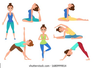 Set of young beautiful woman character meditation while sitting yoga position. Fitness healthy lifestyle. Vector set of yoga poses. Vector illustration.