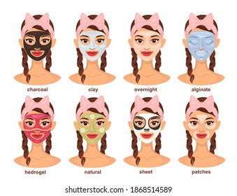 Conjunto de mujeres jóvenes y hermosas con diferentes tipos de máscaras faciales. Cuidado de la piel, apretamiento y hidratación. Diversos tratamientos de spa para la piel facial.