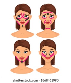 Set of young beautiful woman with kinesiology tape on her face, tightening the skin, smoothing wrinkles on the face, isolated vector illustration.