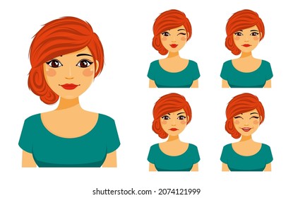 A set of young beautiful women with different emotions. Flirting, kissing, angry, funny, unhappy. Flat style on white background. Cartoon