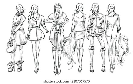 Set of young beautiful women in stylish clothes. Sale concept. Hand-drawn fashion illustration. Fashion sketch.