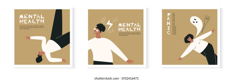 Set of young black depressed girl illustration card. Bundle of african woman with confused minds illness, people psychotherapy and psychiatric problems. Flat vector cartoon female character