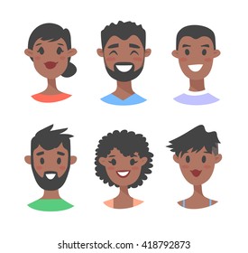 Set of young black male and female characters. Cartoon style people icons. Isolated guys and girls avatars. Flat illustration men and women faces. Hand drawn vector drawing