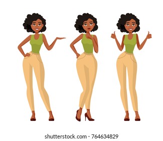 Set of young black woman in casual clothes in different poses with a variety of emotions. A character for your project. Vector illustration in a flat style.