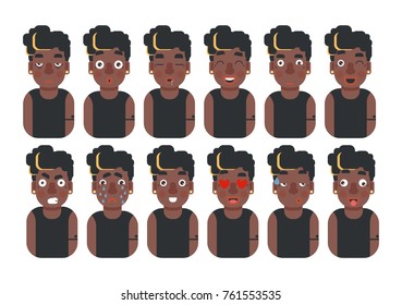 Set of young black woman's emotions.  Grunge girl Avatar. Vector flat cartoon design of facial expressions.
