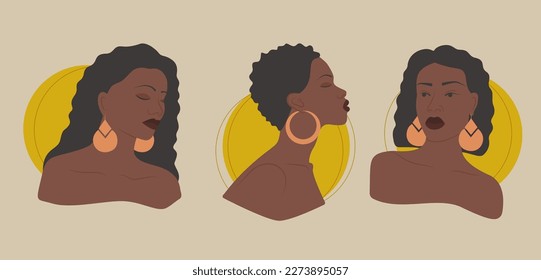 Set of young black women avatar, sun and african lady illustration. Girl power concept.