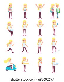 Set of young blonde girl in different poses. Vector cartoon character in a flat style for your design and animation projects.
