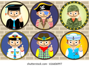 set of young boy in different costume on bricks background, vector graphics