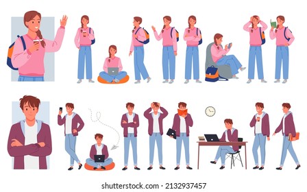 Set of young boy and girl college student in diverse educational poses. School daily activities of learning, studying and reading pupil character cartoon vector illustration - Shutterstock ID 2132937457