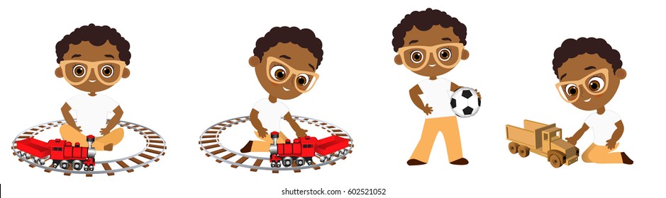 Set Young Boy with glasses playing toy. Vector illustration isolated on white background. Flat cartoon style