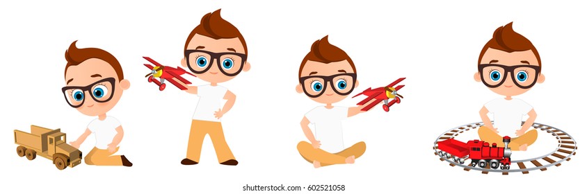 Set Young Boy with glasses playing toy. Vector illustration isolated on white background. Flat cartoon style