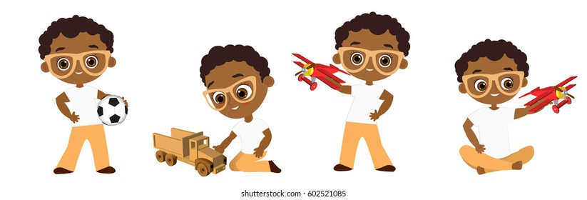 Set Young Boy with glasses playing toy. Vector illustration isolated on white background. Flat cartoon style